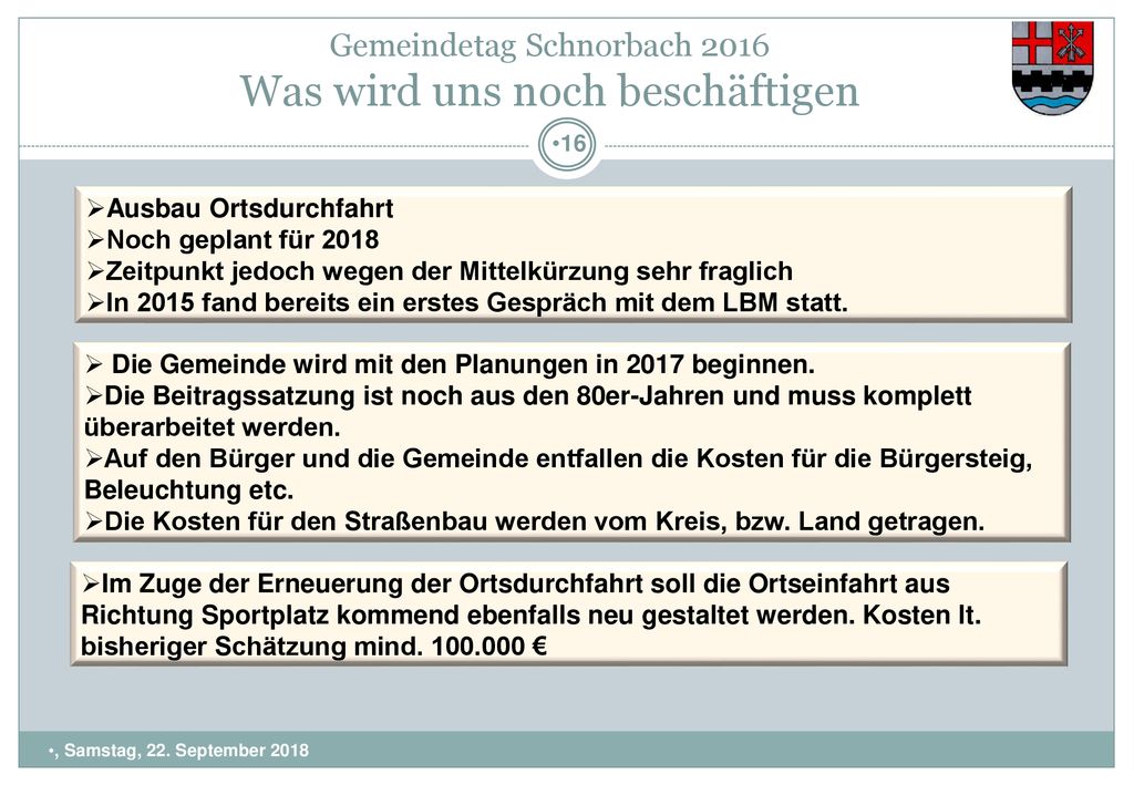 Gemeindetag Schnorbach 2016 Was wird uns noch beschäftigen