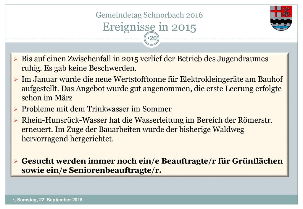 Gemeindetag Schnorbach 2016 Ereignisse in 2015
