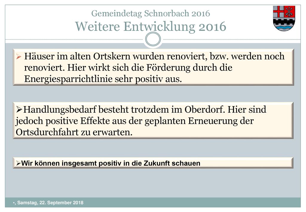 Gemeindetag Schnorbach 2016 Weitere Entwicklung 2016