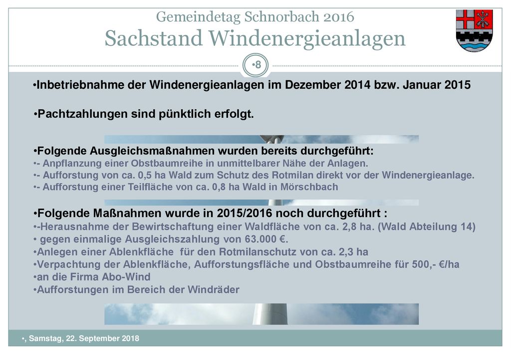 Gemeindetag Schnorbach 2016 Sachstand Windenergieanlagen