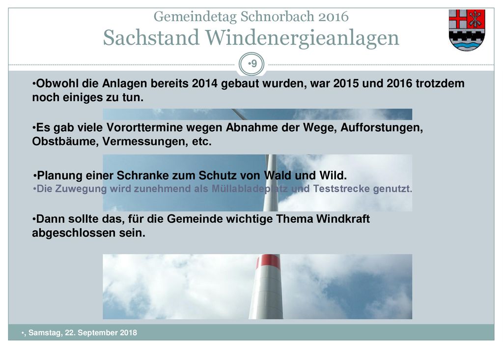 Gemeindetag Schnorbach 2016 Sachstand Windenergieanlagen