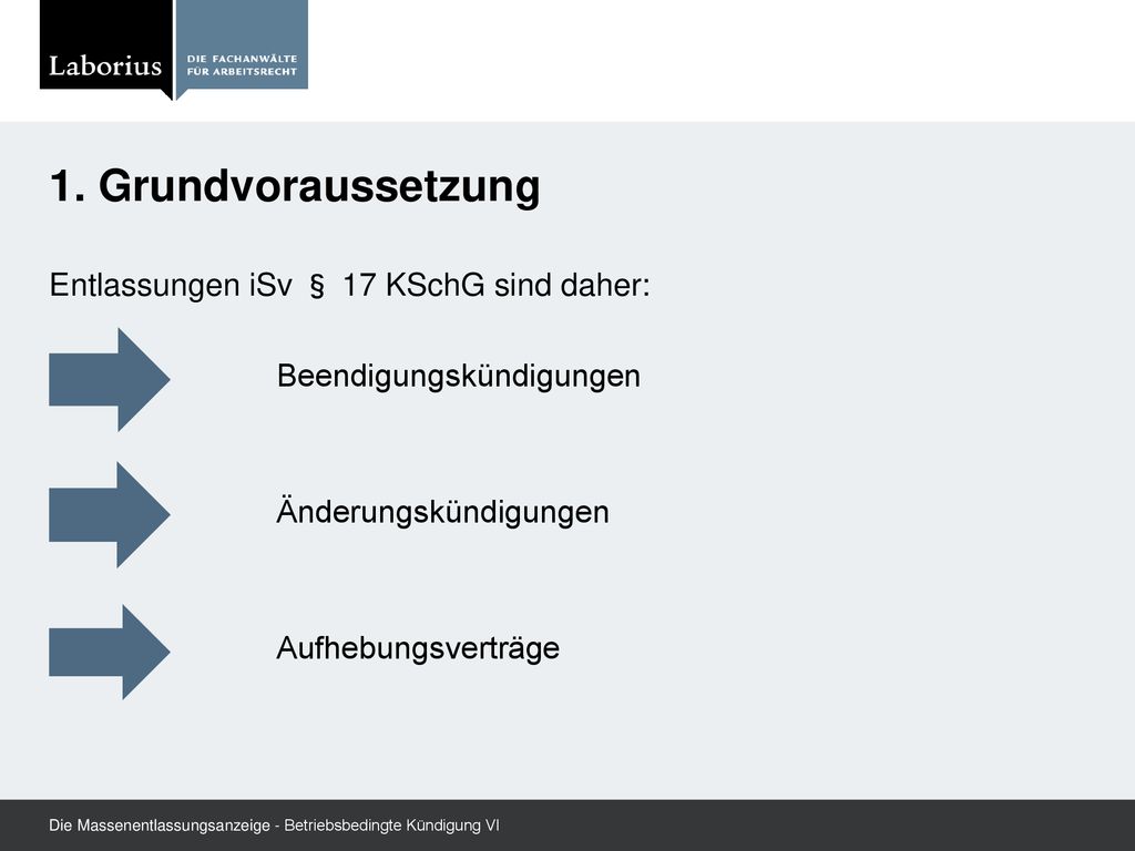 1. Grundvoraussetzung Entlassungen iSv § 17 KSchG sind daher: Beendigungskündigungen Änderungskündigungen Aufhebungsverträge
