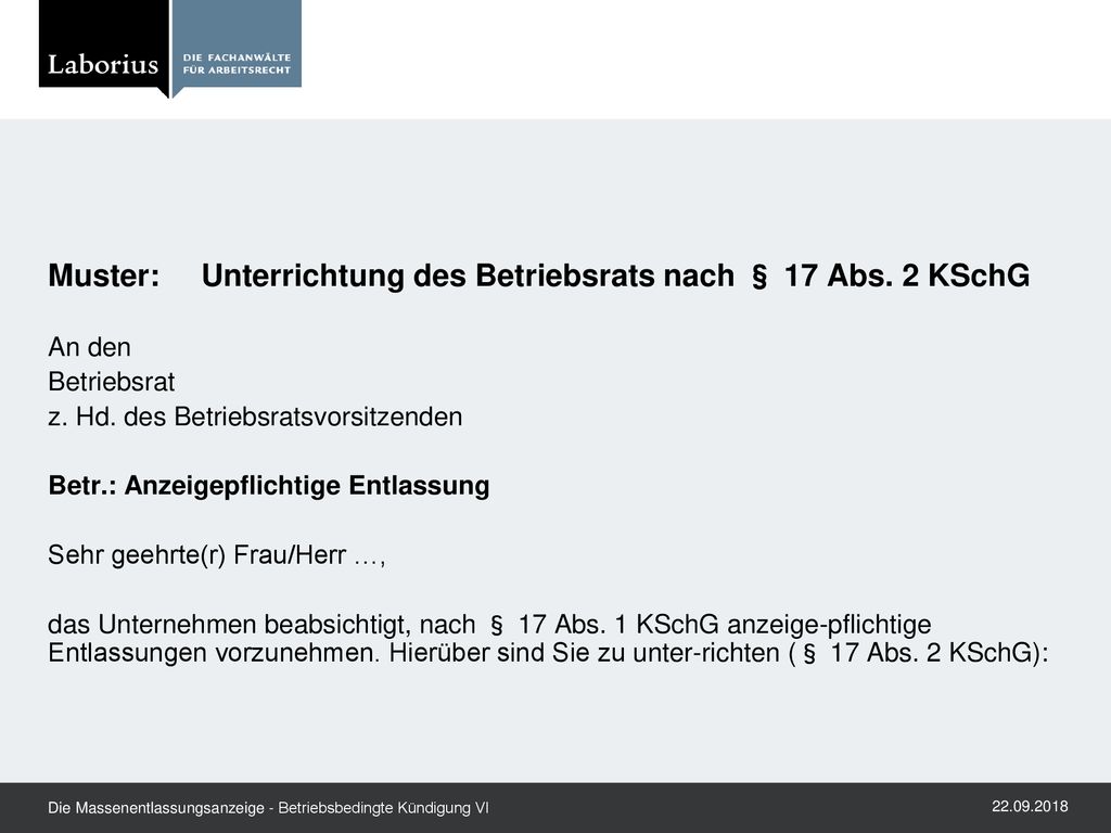 Muster: Unterrichtung des Betriebsrats nach § 17 Abs. 2 KSchG