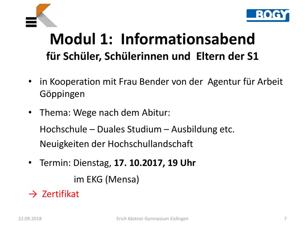 Modul 1: Informationsabend für Schüler, Schülerinnen und Eltern der S1