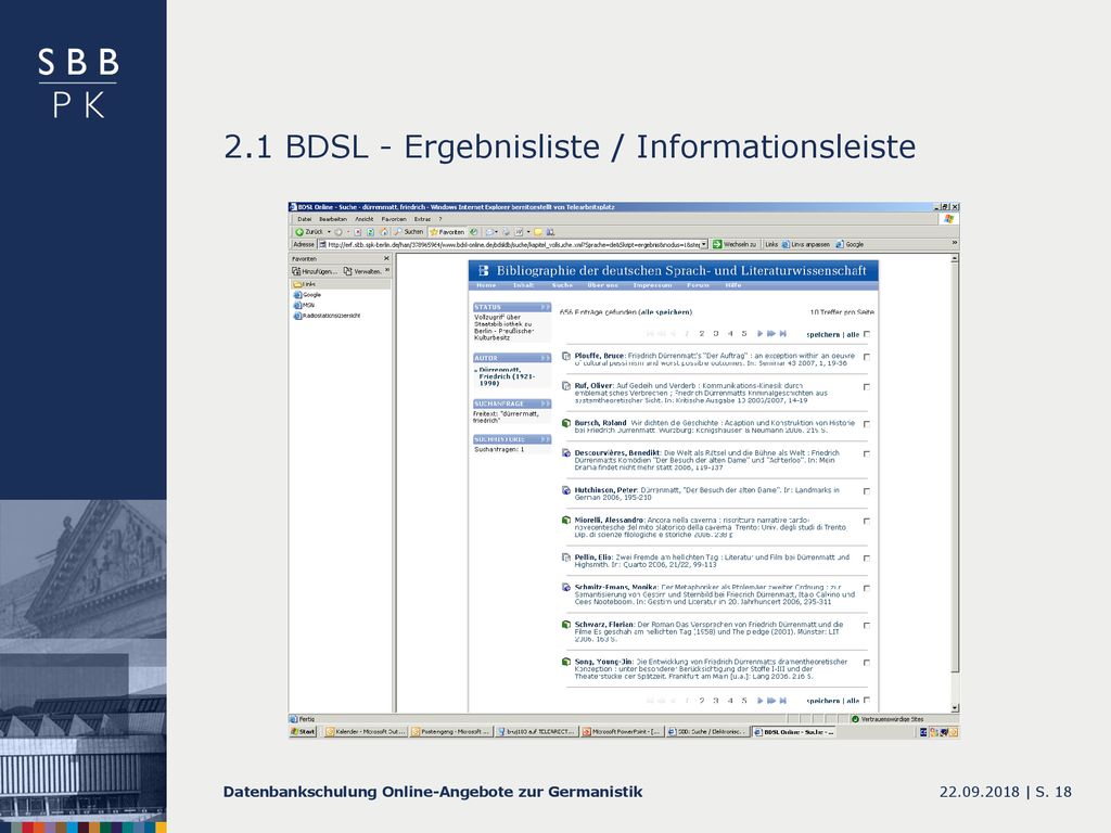 2.1 BDSL - Ergebnisliste / Informationsleiste