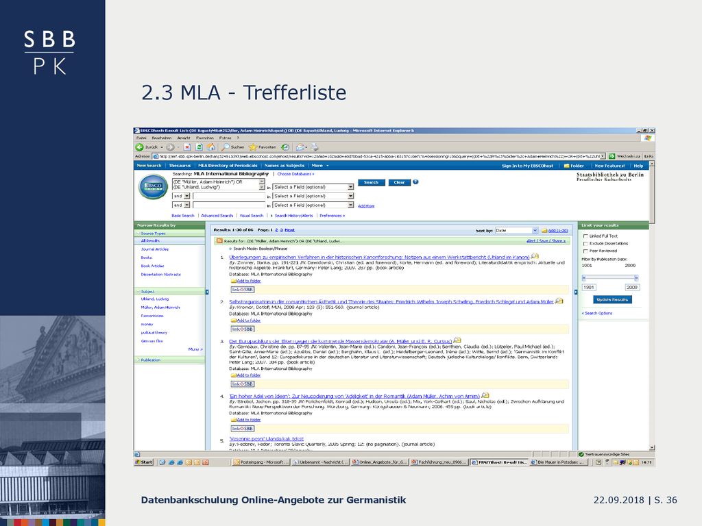2.3 MLA - Trefferliste Datenbankschulung Online-Angebote zur Germanistik |