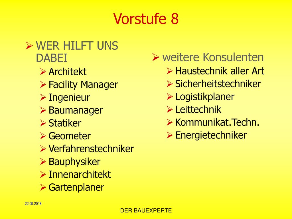 Vorstufe 8 WER HILFT UNS DABEI weitere Konsulenten Architekt