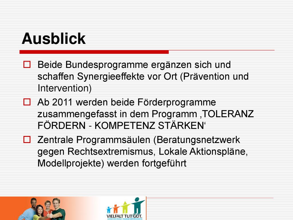 Ausblick Beide Bundesprogramme ergänzen sich und schaffen Synergieeffekte vor Ort (Prävention und Intervention)