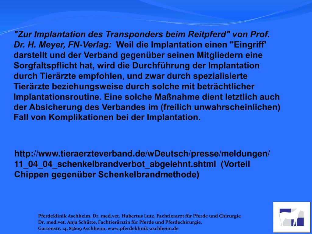Zur Implantation des Transponders beim Reitpferd von Prof. Dr. H