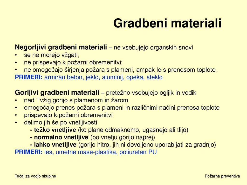 Gradbeni materiali Negorljivi gradbeni materiali – ne vsebujejo organskih snovi. se ne morejo vžgati;