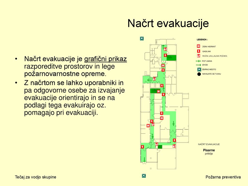 Načrt evakuacije Načrt evakuacije je grafični prikaz razporeditve prostorov in lege požarnovarnostne opreme.