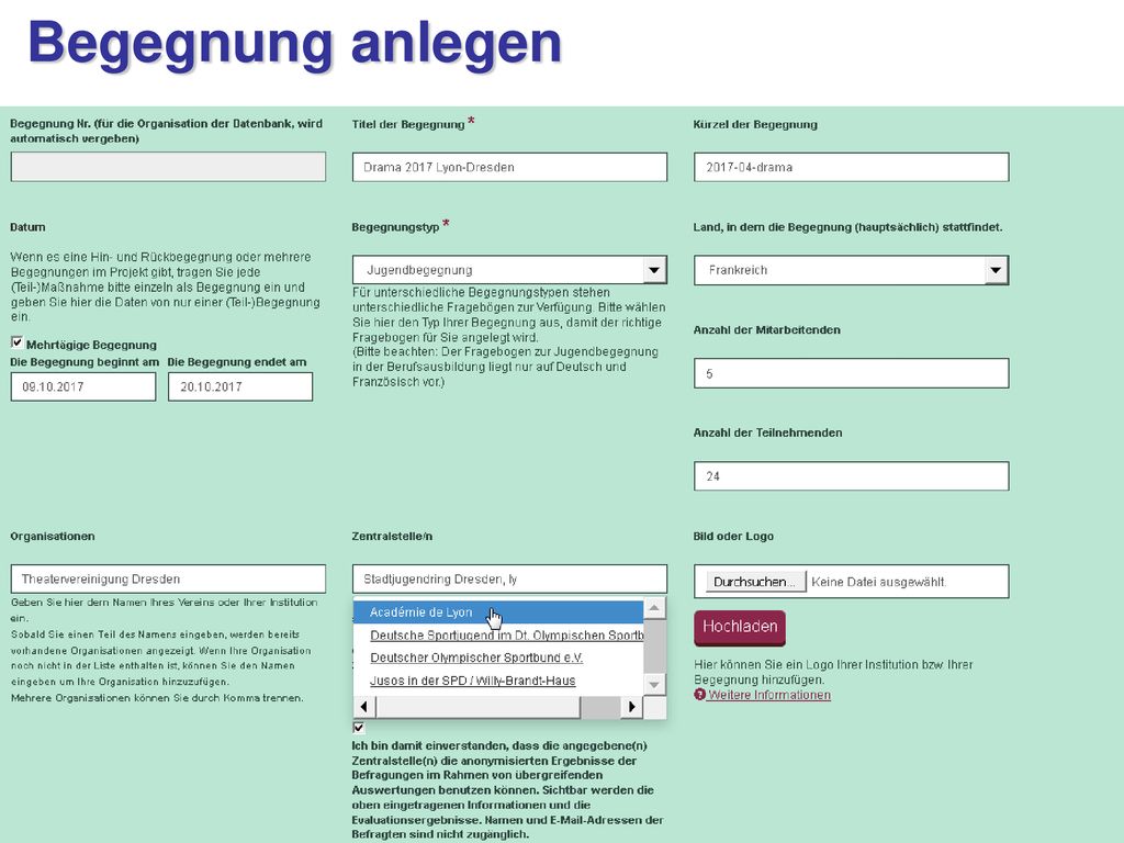 Begegnung anlegen Ich lege eine Begegnung an, indem ich einige Rahmendaten eintrage, beispielsweise: