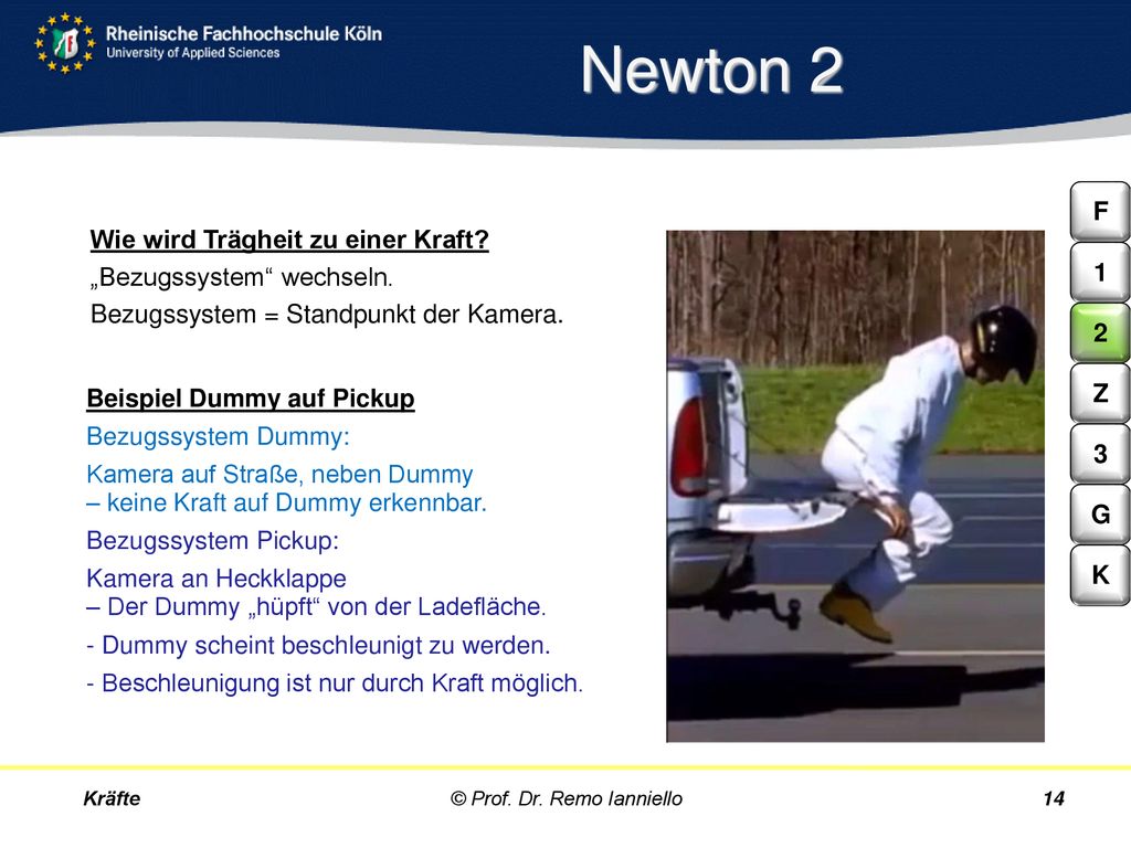 Newton 2 F. Wie wird Trägheit zu einer Kraft „Bezugssystem wechseln. Bezugssystem = Standpunkt der Kamera.