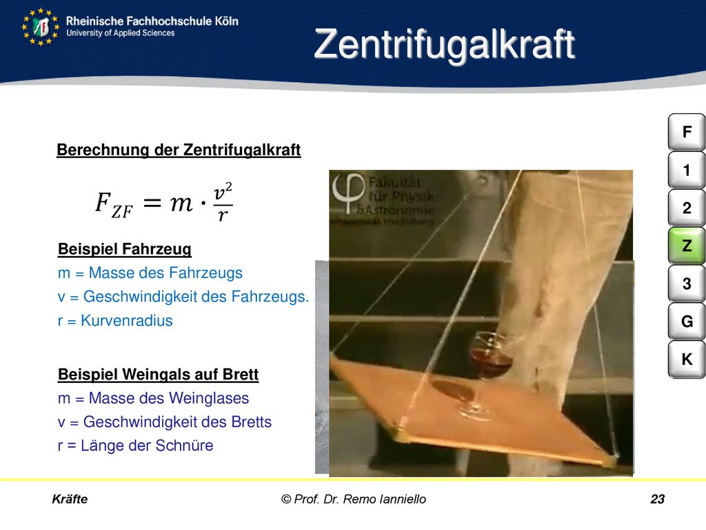 Zentrifugalkraft 𝐹𝑍𝐹=𝑚∙ 𝑣² 𝑟 F Berechnung der Zentrifugalkraft 1 2 Z 3