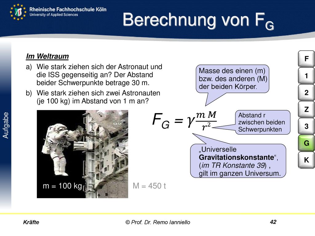 Berechnung von FG FG = 𝛾 𝑚 𝑀 𝑟² m = 100 kg M = 450 t Im Weltraum F