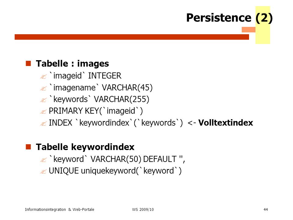 Persistence (2) Tabelle : images Tabelle keywordindex