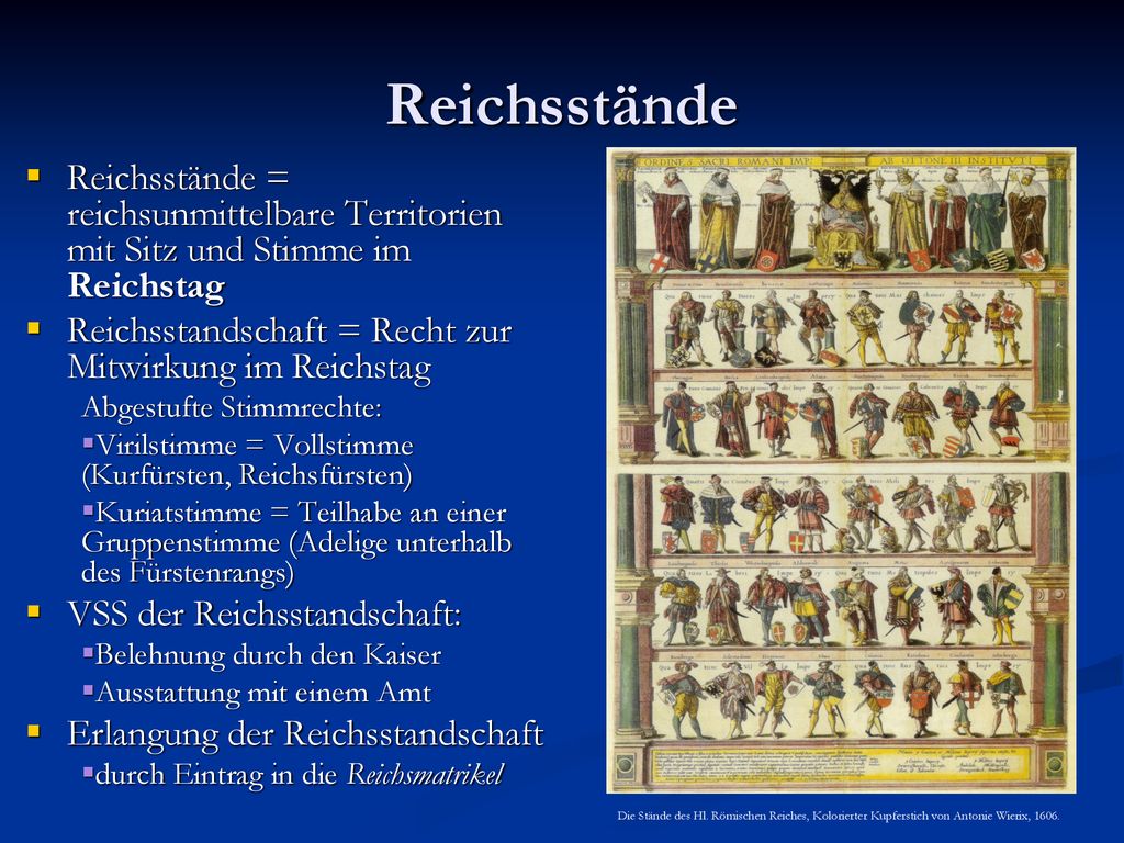 Reichsstände Reichsstände = reichsunmittelbare Territorien mit Sitz und Stimme im Reichstag. Reichsstandschaft = Recht zur Mitwirkung im Reichstag.