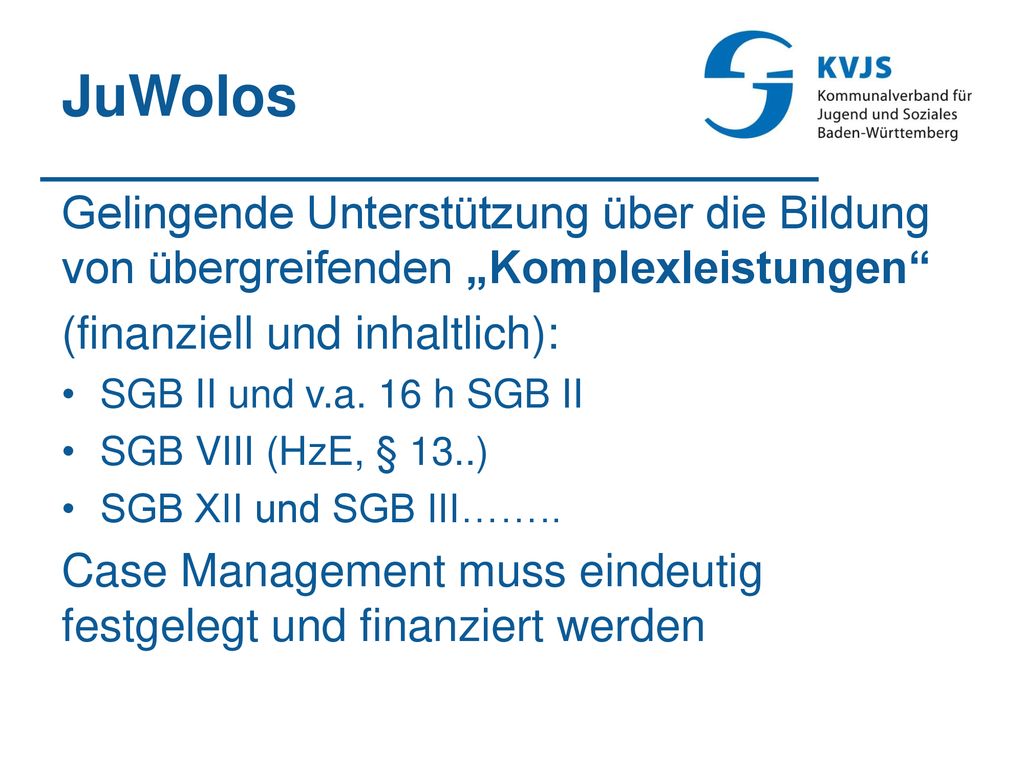 JuWolos Gelingende Unterstützung über die Bildung von übergreifenden „Komplexleistungen (finanziell und inhaltlich):