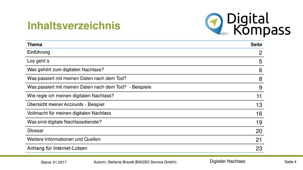 Inhaltsverzeichnis Thema. Seite. Einführung. 2. Los geht´s. 5. Was gehört zum digitalen Nachlass