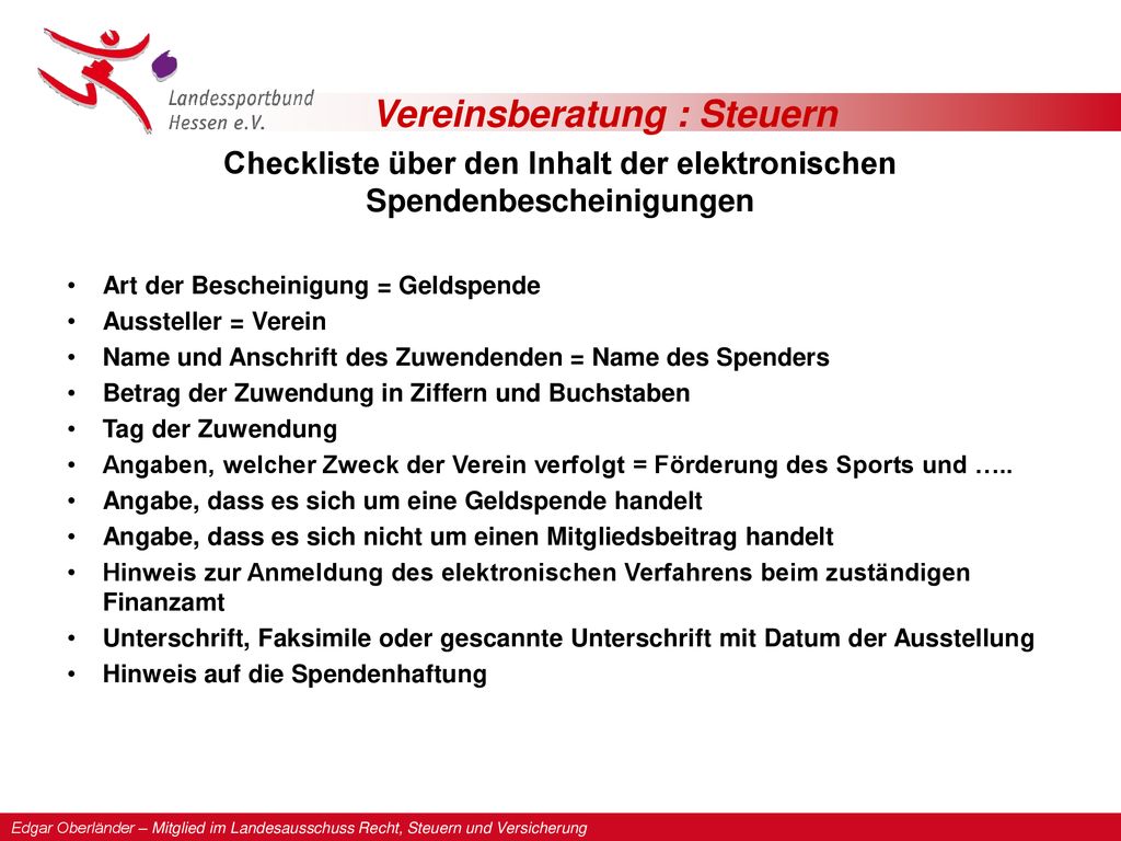 Checkliste über den Inhalt der elektronischen Spendenbescheinigungen