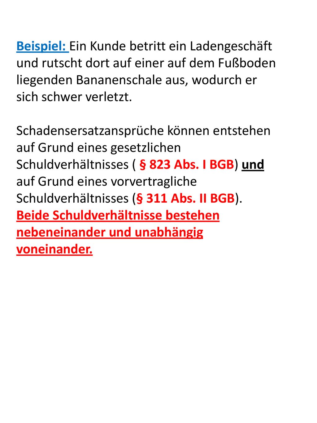 Beispiel: Ein Kunde betritt ein Ladengeschäft und rutscht dort auf einer auf dem Fußboden liegenden Bananenschale aus, wodurch er sich schwer verletzt.