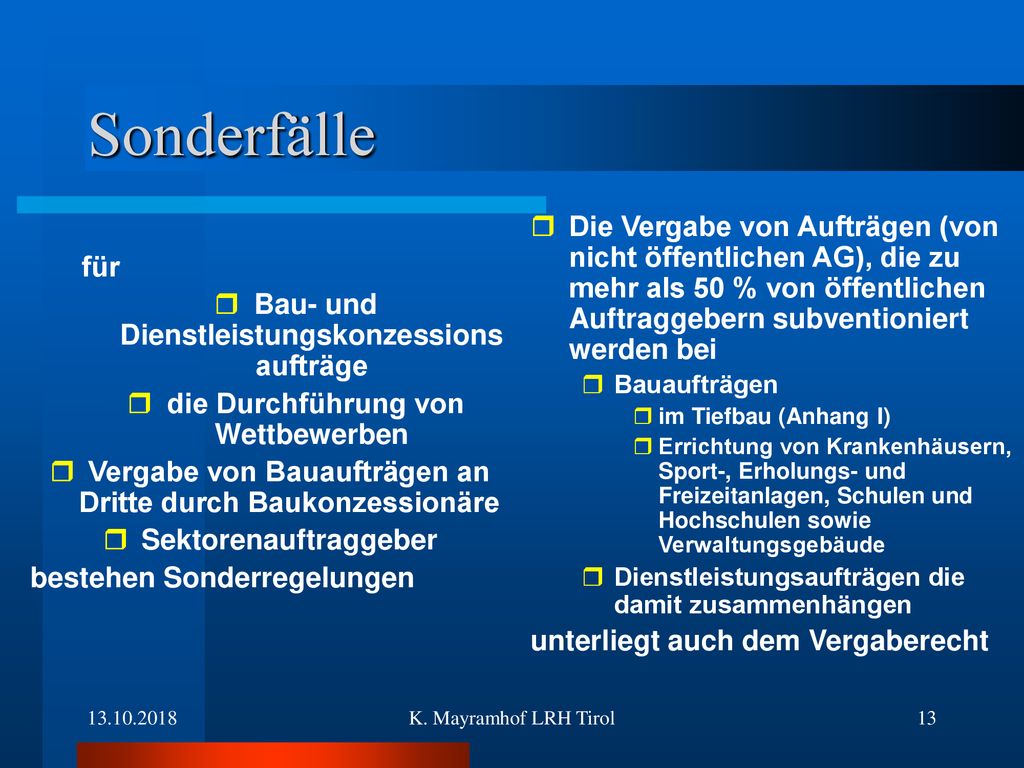 Sonderfälle Die Vergabe von Aufträgen (von nicht öffentlichen AG), die zu mehr als 50 % von öffentlichen Auftraggebern subventioniert werden bei.