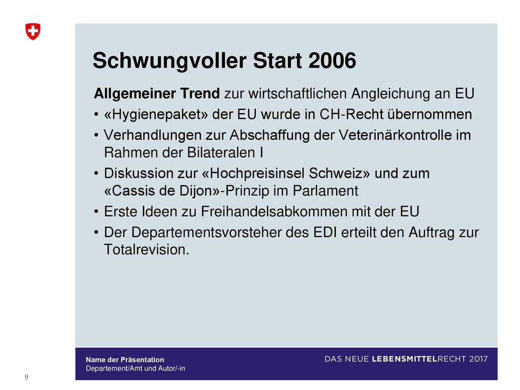 Schwungvoller Start 2006 Allgemeiner Trend zur wirtschaftlichen Angleichung an EU. «Hygienepaket» der EU wurde in CH-Recht übernommen.