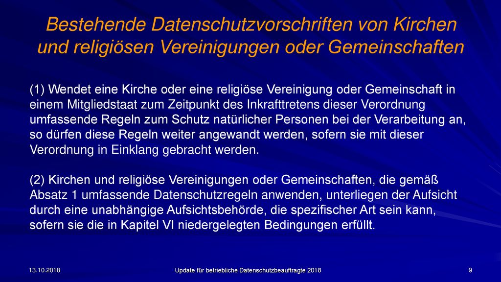 Bestehende Datenschutzvorschriften von Kirchen und religiösen Vereinigungen oder Gemeinschaften