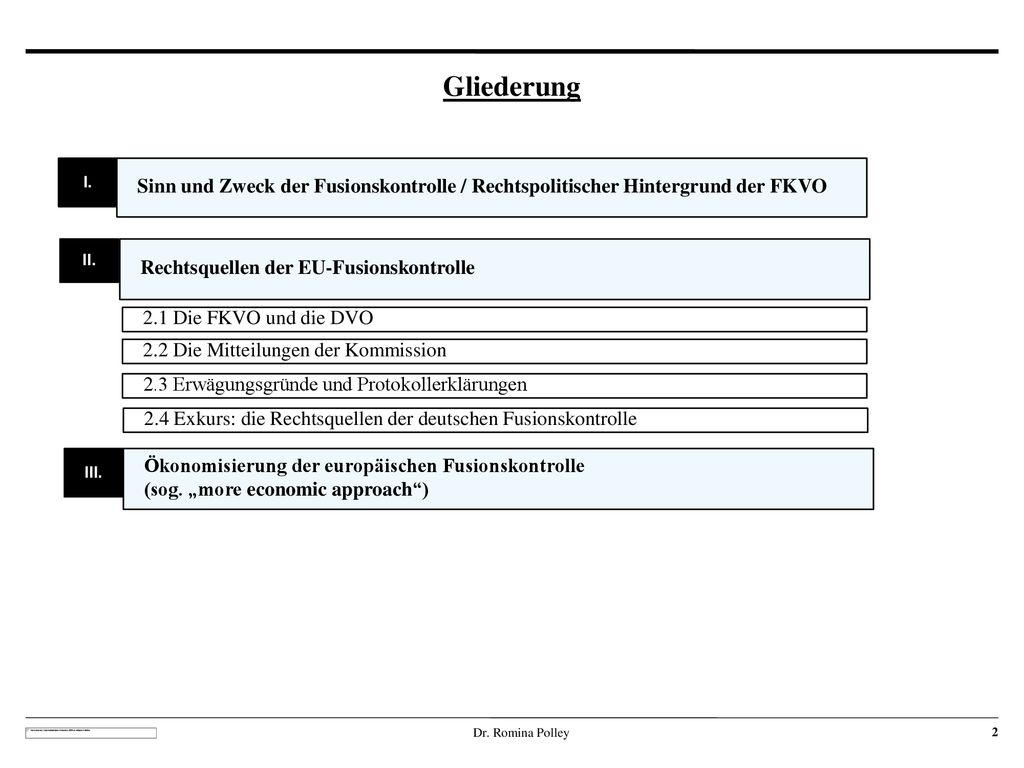 Gliederung I. Sinn und Zweck der Fusionskontrolle / Rechtspolitischer Hintergrund der FKVO. iI. Rechtsquellen der EU-Fusionskontrolle.