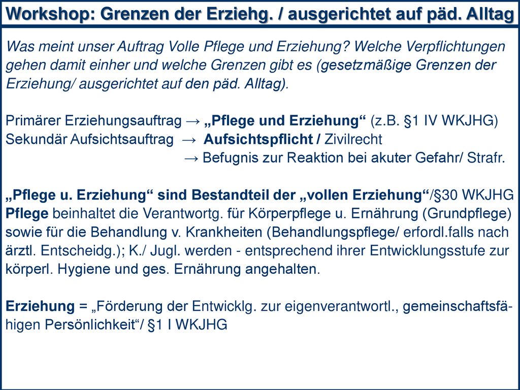Workshop: Grenzen der Erziehg. / ausgerichtet auf päd. Alltag