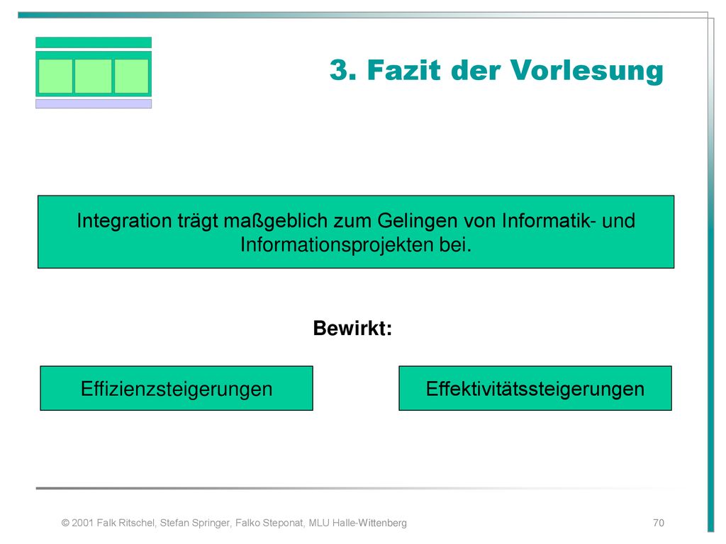Fazit der Vorlesung. Integration trägt maßgeblich zum Gelingen von Informatik- und. Informationsprojekten bei.