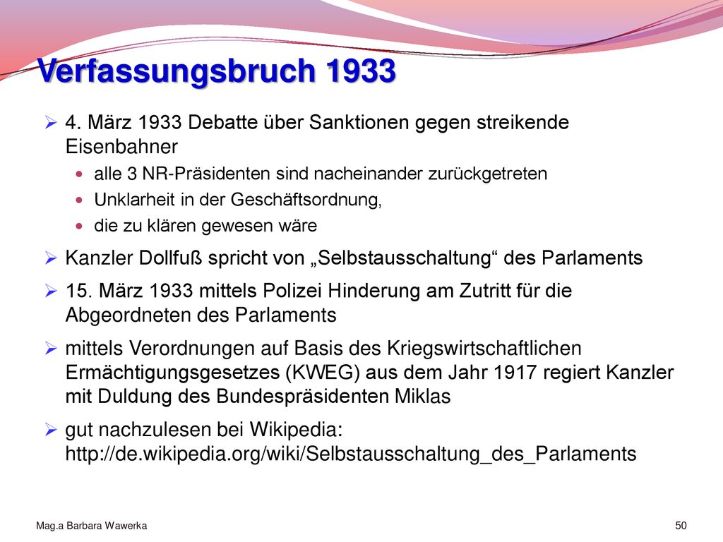 Verfassungsbruch März 1933 Debatte über Sanktionen gegen streikende Eisenbahner. alle 3 NR-Präsidenten sind nacheinander zurückgetreten.