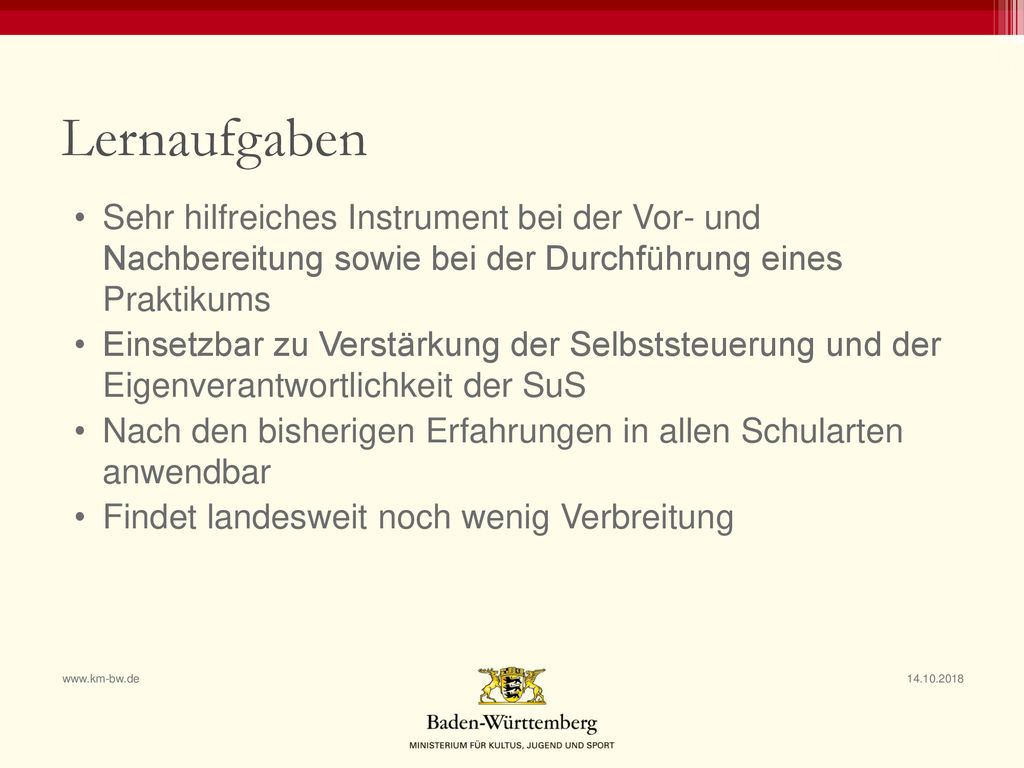 Lernaufgaben Sehr hilfreiches Instrument bei der Vor- und Nachbereitung sowie bei der Durchführung eines Praktikums.