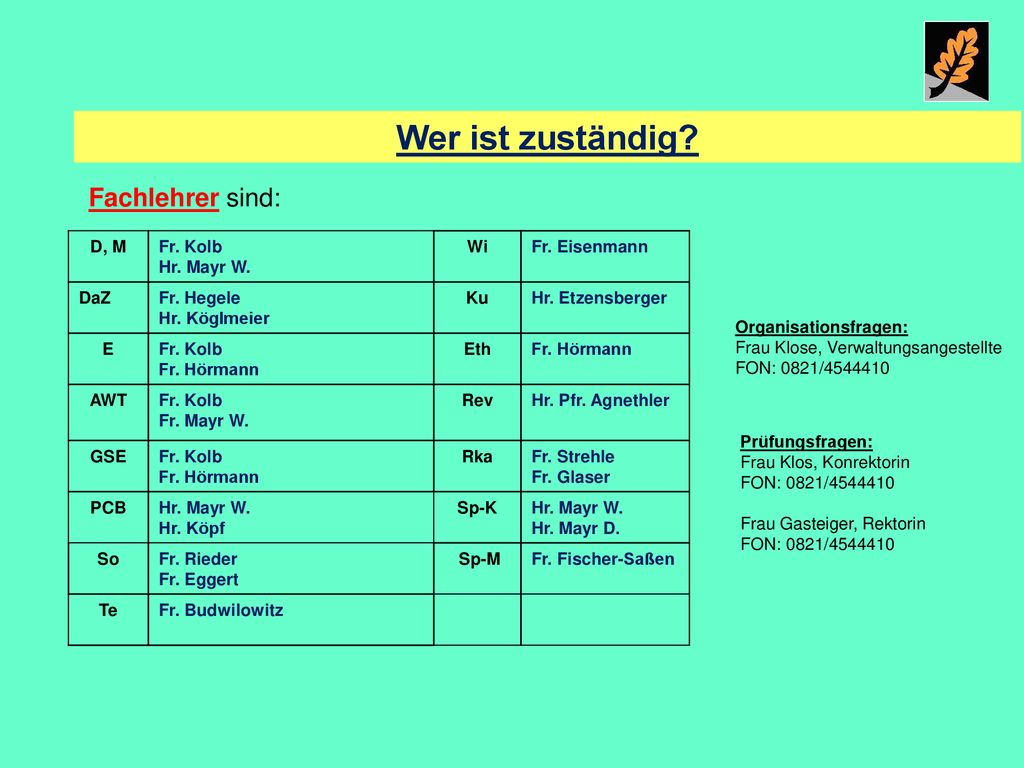 Wer ist zuständig Fachlehrer sind: D, M Fr. Kolb Hr. Mayr W. Wi