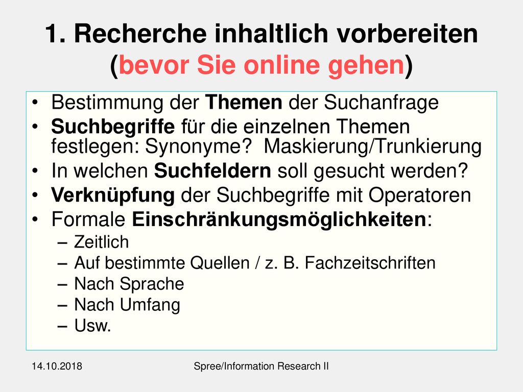 1. Recherche inhaltlich vorbereiten (bevor Sie online gehen)