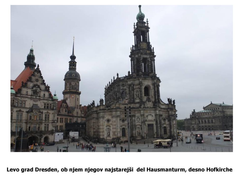 Levo grad Dresden, ob njem njegov najstarejši del Hausmanturm, desno Hofkirche