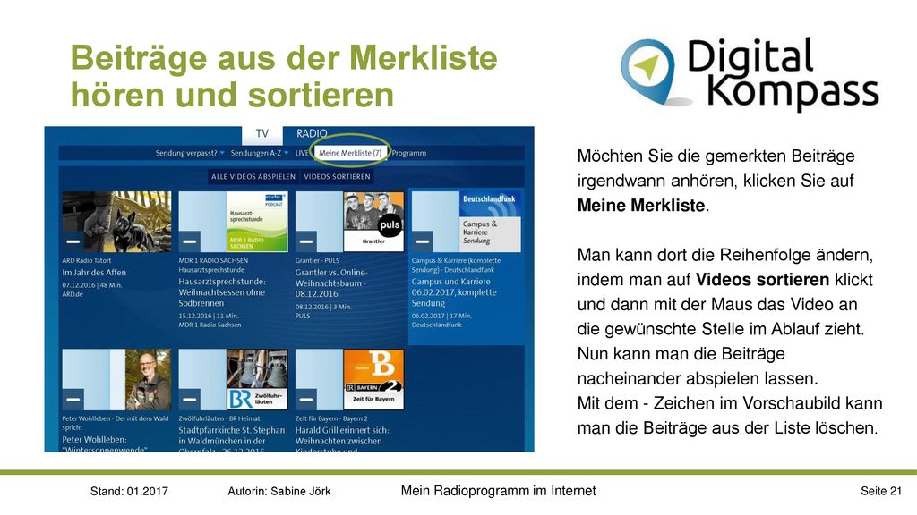 Beiträge aus der Merkliste hören und sortieren