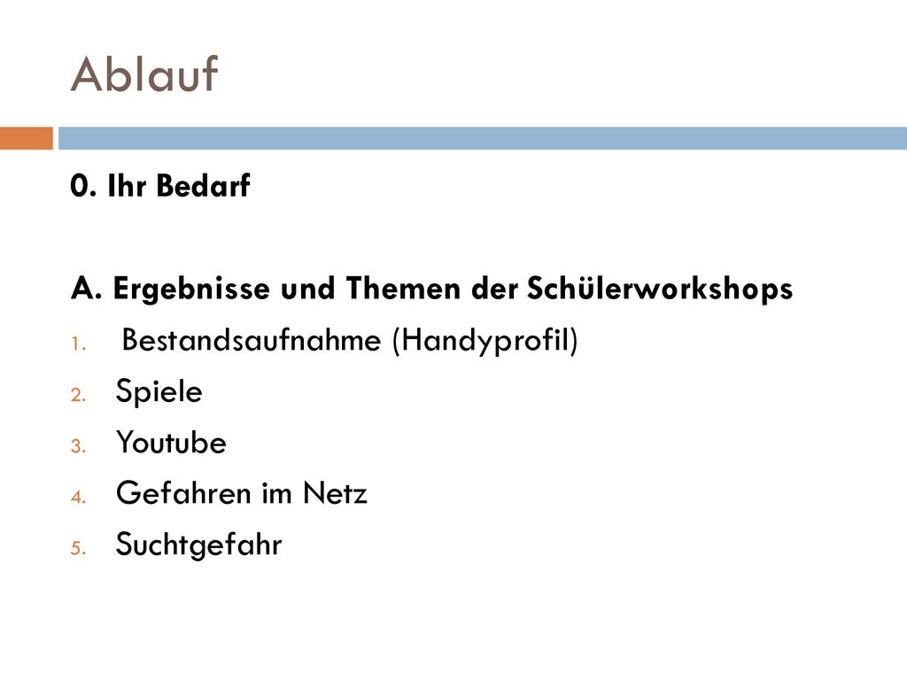 Ablauf 0. Ihr Bedarf A. Ergebnisse und Themen der Schülerworkshops
