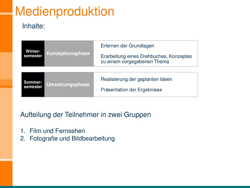Medienproduktion Aufteilung der Teilnehmer in zwei Gruppen