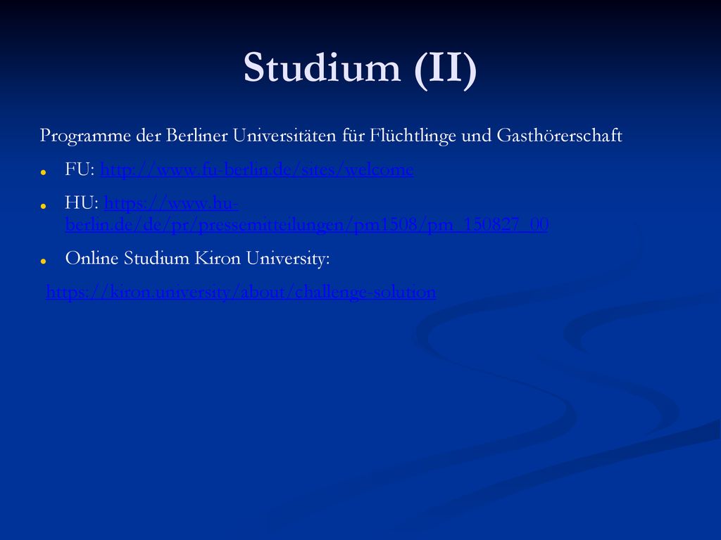Studium (II) Programme der Berliner Universitäten für Flüchtlinge und Gasthörerschaft. FU: