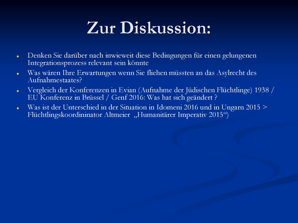 Zur Diskussion: Denken Sie darüber nach inwieweit diese Bedingungen für einen gelungenen Integrationsprozess relevant sein könnte.