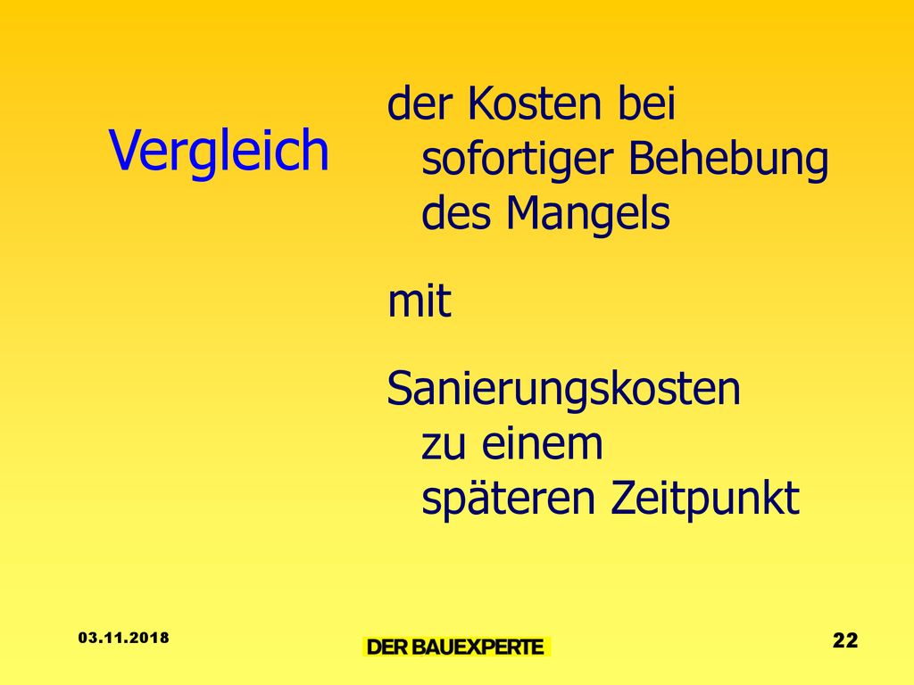 Vergleich der Kosten bei sofortiger Behebung des Mangels mit