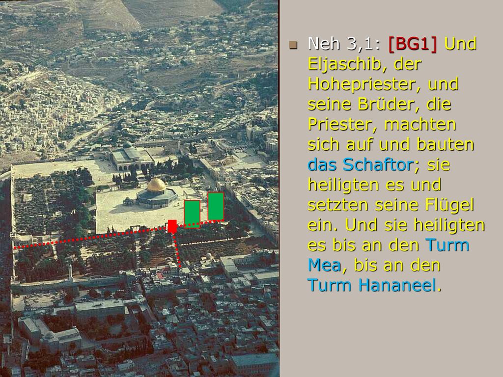 Neh 3,1: [BG1] Und Eljaschib, der Hohepriester, und seine Brüder, die Priester, machten sich auf und bauten das Schaftor; sie heiligten es und setzten seine Flügel ein.