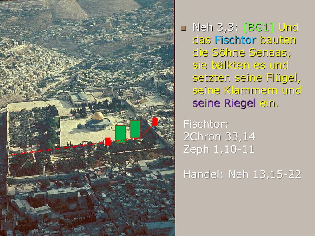 Neh 3,3: [BG1] Und das Fischtor bauten die Söhne Senaas; sie bälkten es und setzten seine Flügel, seine Klammern und seine Riegel ein.