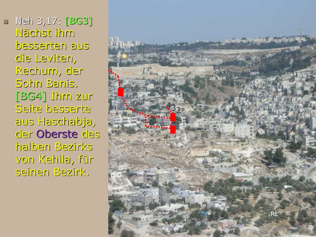 Neh 3,17: [BG3] Nächst ihm besserten aus die Leviten, Rechum, der Sohn Banis. [BG4] Ihm zur Seite besserte aus Haschabja, der Oberste des halben Bezirks von Kehila, für seinen Bezirk.