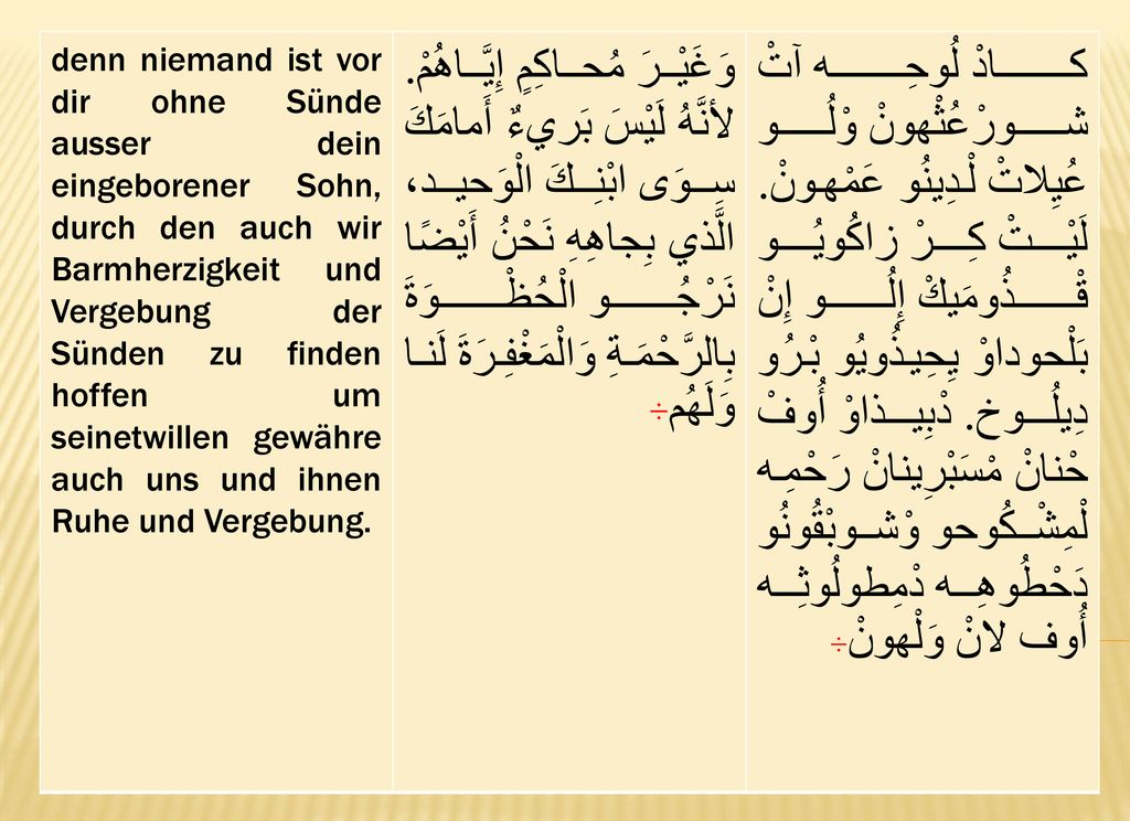 denn niemand ist vor dir ohne Sünde ausser dein eingeborener Sohn, durch den auch wir Barmherzigkeit und Vergebung der Sünden zu finden hoffen um seinetwillen gewähre auch uns und ihnen Ruhe und Vergebung.