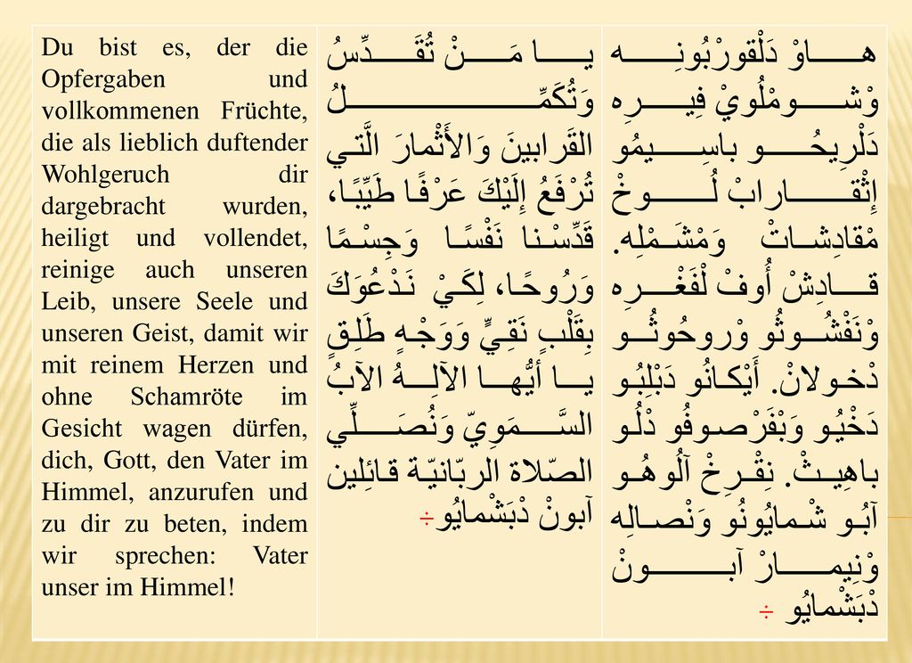 Du bist es, der die Opfergaben und vollkommenen Früchte, die als lieblich duftender Wohlgeruch dir dargebracht wurden, heiligt und vollendet, reinige auch unseren Leib, unsere Seele und unseren Geist, damit wir mit reinem Herzen und ohne Schamröte im Gesicht wagen dürfen, dich, Gott, den Vater im Himmel, anzurufen und zu dir zu beten, indem wir sprechen: Vater unser im Himmel!