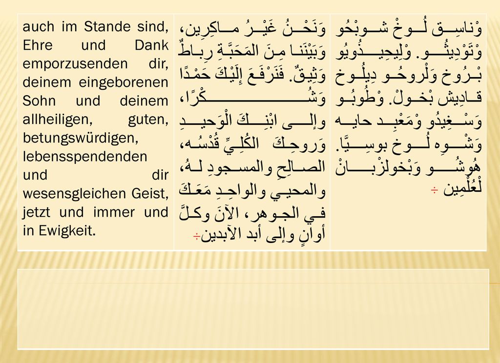 auch im Stande sind, Ehre und Dank emporzusenden dir, deinem eingeborenen Sohn und deinem allheiligen, guten, betungswürdigen, lebensspendenden und dir wesensgleichen Geist, jetzt und immer und in Ewigkeit.