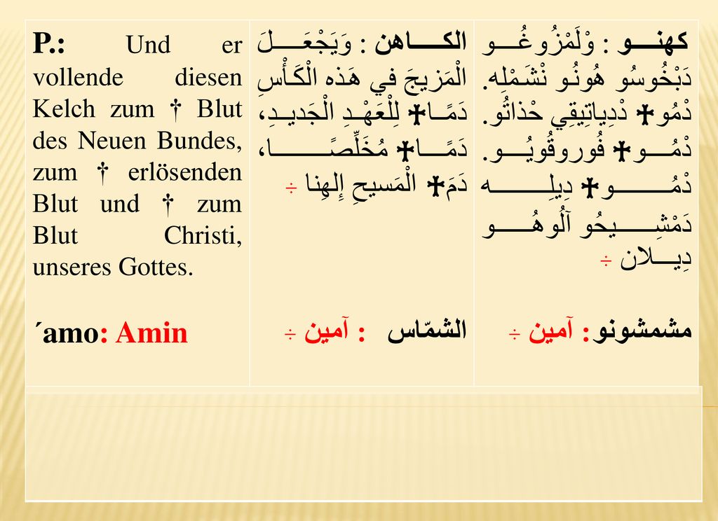 P.: Und er vollende diesen Kelch zum † Blut des Neuen Bundes, zum † erlösenden Blut und † zum Blut Christi, unseres Gottes.