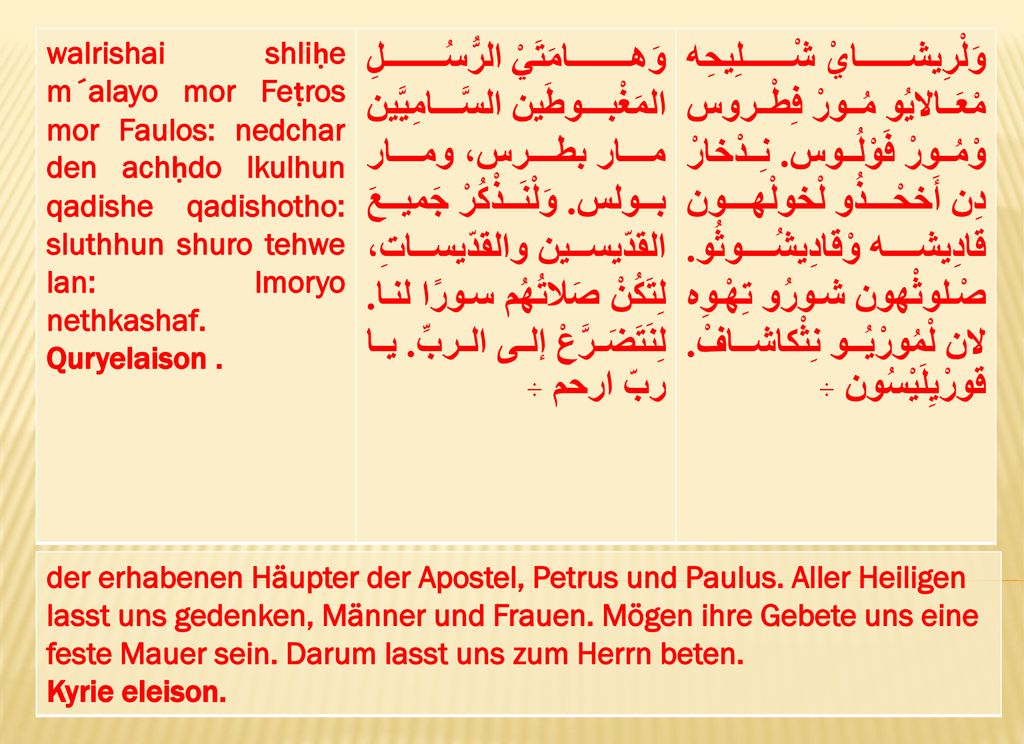 walrishai shliḥe m´alayo mor Feṭros mor Faulos: nedchar den achḥdo lkulhun qadishe qadishotho: sluthhun shuro tehwe lan: lmoryo nethkashaf.